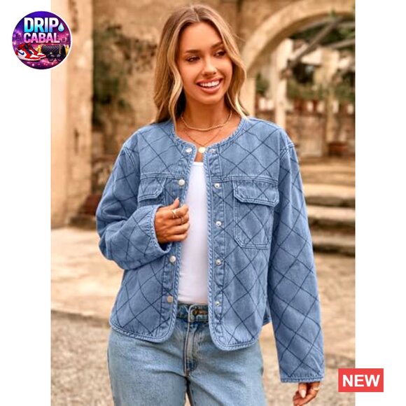 Denim Jean Jacket Quilted Lining Button Down Long Sleeve Lightweight Shacket - Picture 2 of 7